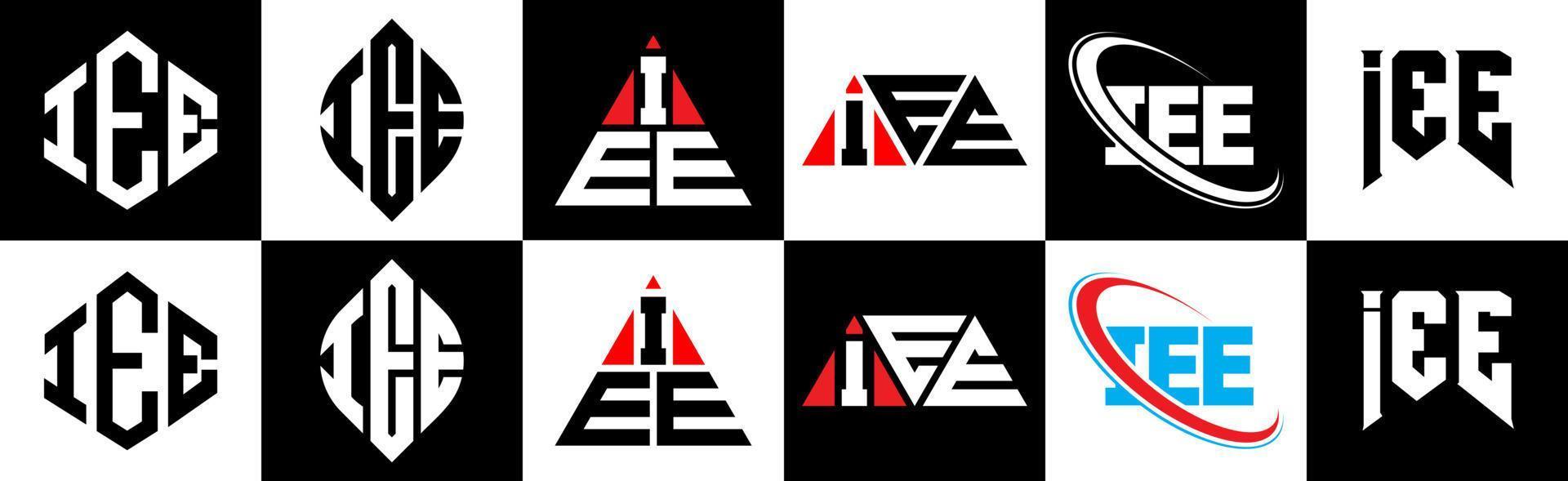 design de logotipo de carta ie em seis estilos. ou seja, polígono, círculo, triângulo, hexágono, estilo plano e simples com logotipo de carta de variação de cor preto e branco definido em uma prancheta. ou seja, logo minimalista e clássico vetor