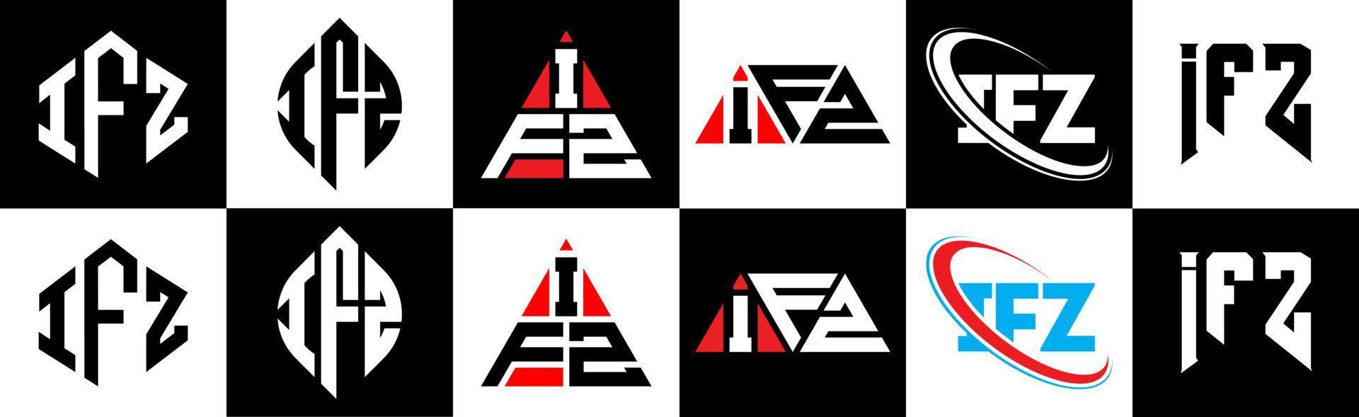 design de logotipo de letra ifz em seis estilos. polígono ifz, círculo, triângulo, hexágono, estilo plano e simples com logotipo de carta de variação de cor preto e branco definido em uma prancheta. ifz logotipo minimalista e clássico vetor