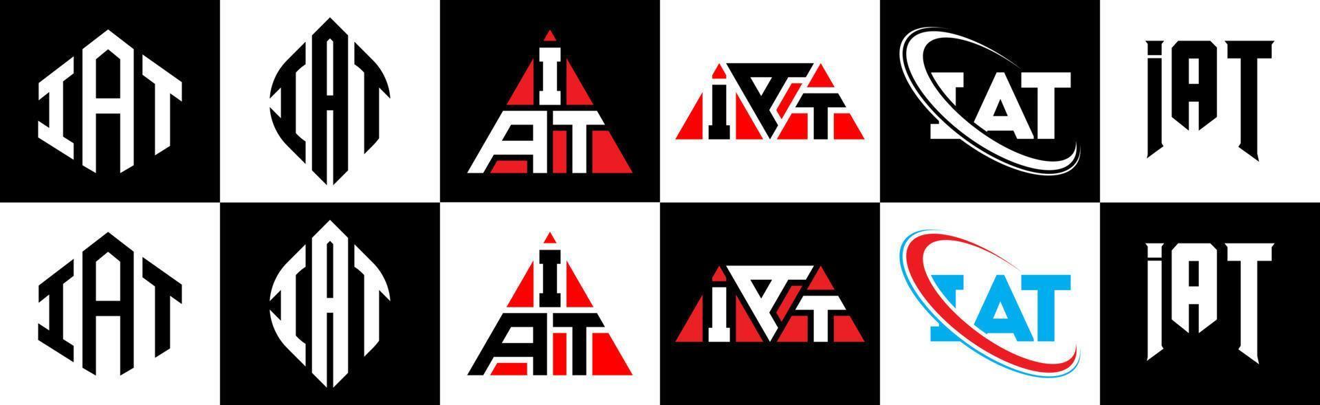 design de logotipo de carta iat em seis estilos. polígono iat, círculo, triângulo, hexágono, estilo plano e simples com logotipo de carta de variação de cor preto e branco definido em uma prancheta. iat logotipo minimalista e clássico vetor