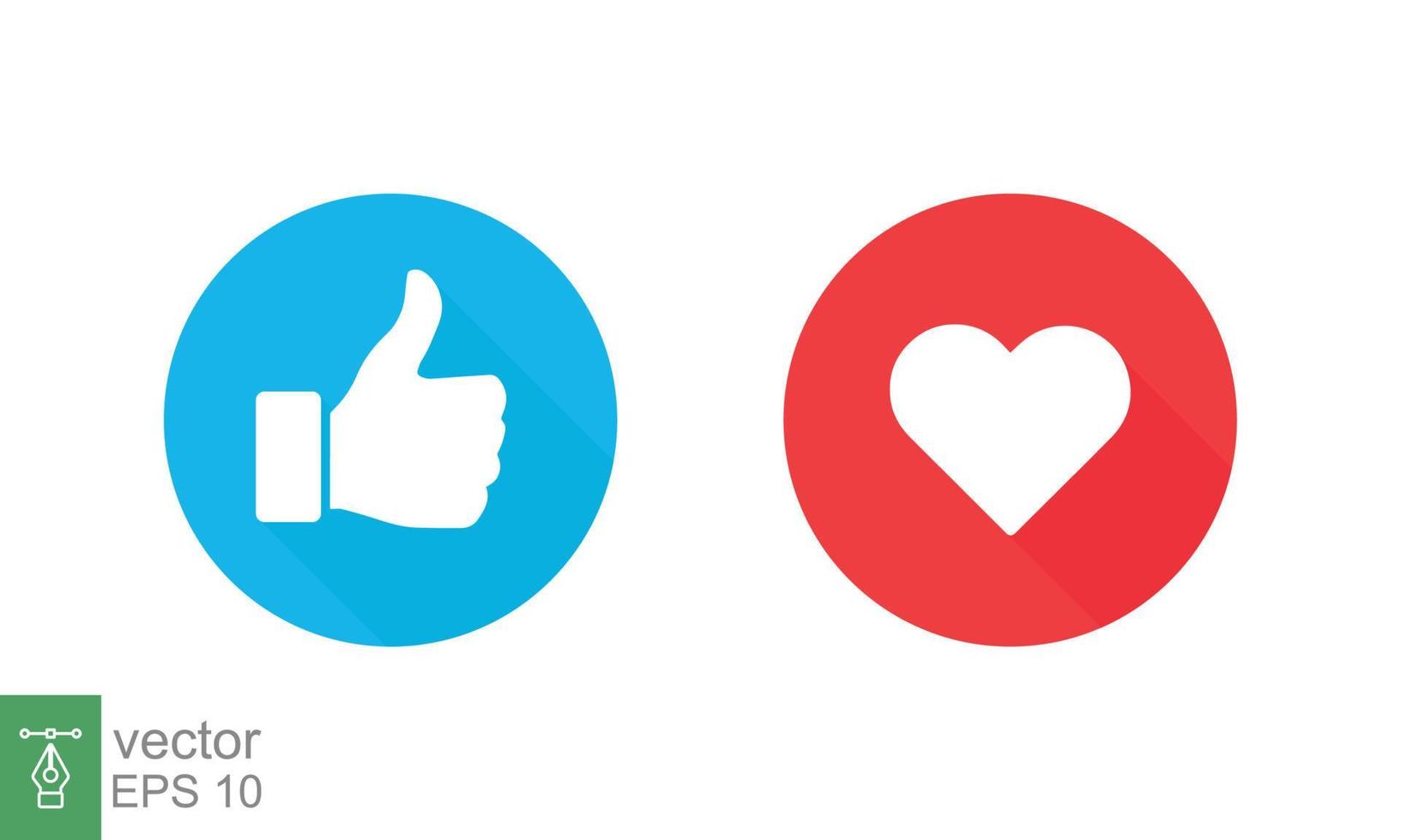polegares para cima e coração, ícone de mídia social. como, bom, símbolo de amor no botão de círculo azul e vermelho. reações emocionais empáticas. projeto de ilustração vetorial plana isolado no fundo branco. eps 10. vetor