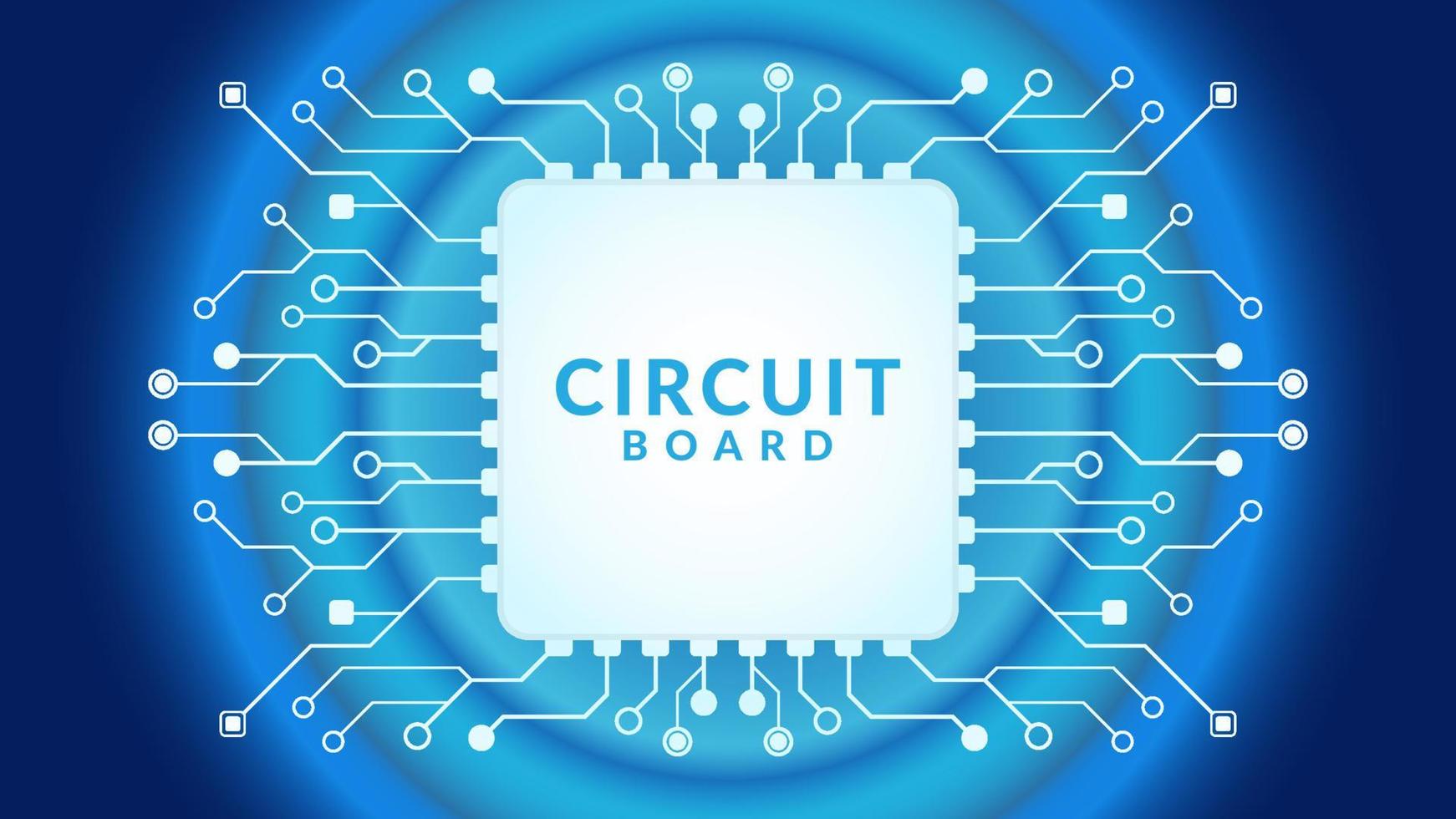 processador de microchip com luzes radiais no fundo azul. ai. placa de circuito elétrico. fundo de alta tecnologia. conceito de cpu de processadores de computador central. Chip digital da placa-mãe. vetor