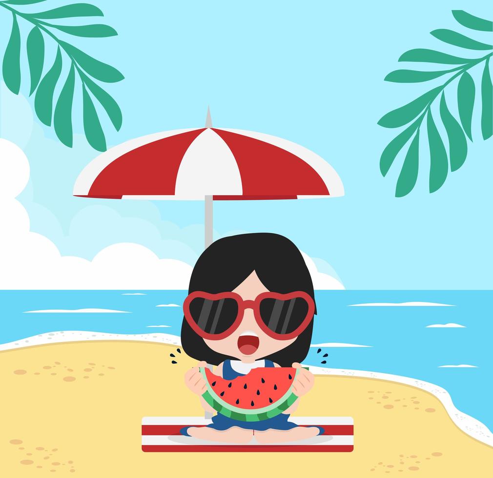 garota comendo melancia fresca na praia de verão vetor