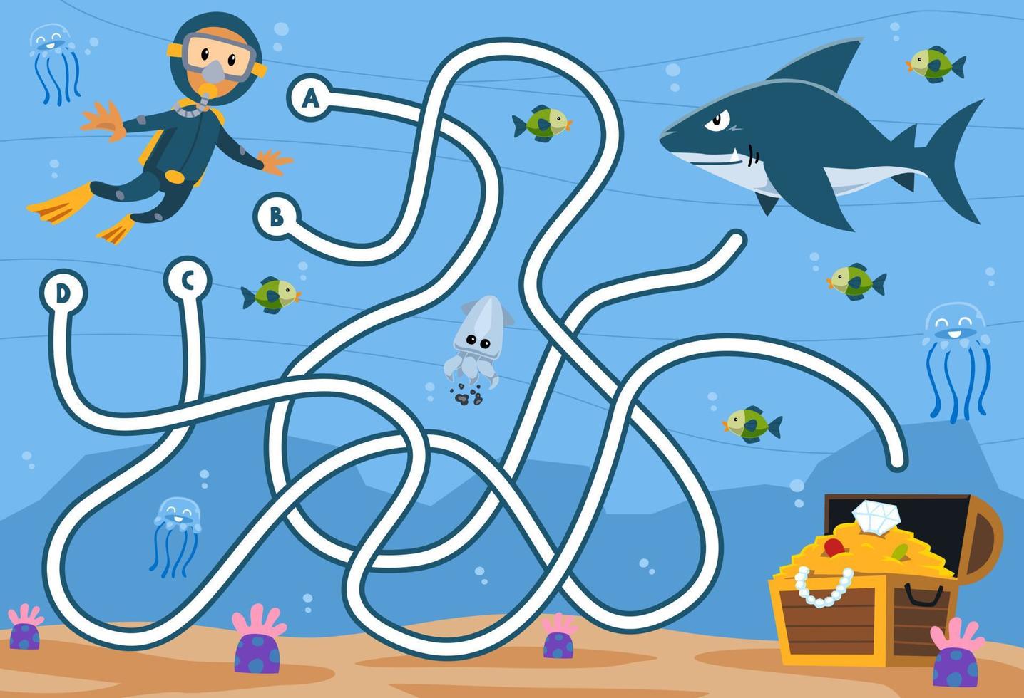 jogo de quebra-cabeça de labirinto para crianças com tubarão mergulhador bonito dos desenhos animados e planilha subaquática imprimível do baú do tesouro vetor