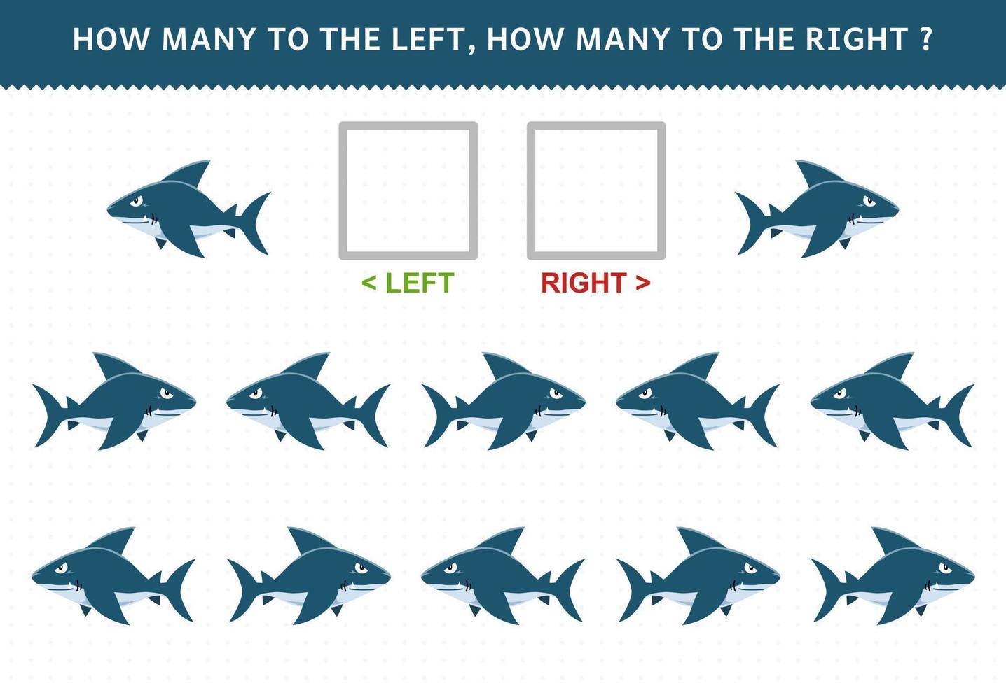 jogo de educação para crianças de contagem de imagem esquerda e direita de tubarão de desenho animado bonito planilha subaquática imprimível vetor