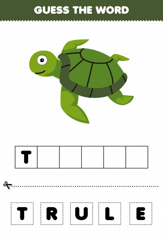 jogo de educação para crianças adivinhar a palavra letras praticando de folha de trabalho subaquática imprimível de tartaruga de desenho animado bonito vetor