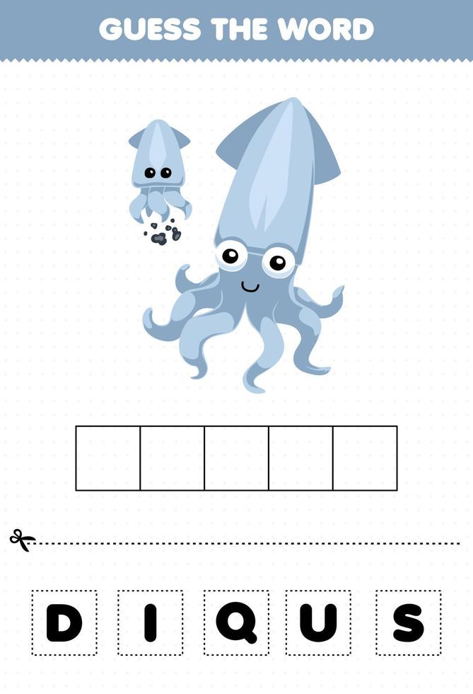 jogo de educação para crianças adivinhar a palavra letras praticando de lula de desenho animado bonito planilha subaquática imprimível vetor
