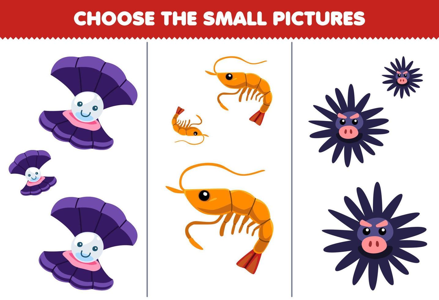 jogo educacional para crianças, escolha a imagem pequena de uma linda concha de desenho animado, camarão, ouriço-do-mar, planilha subaquática para impressão vetor