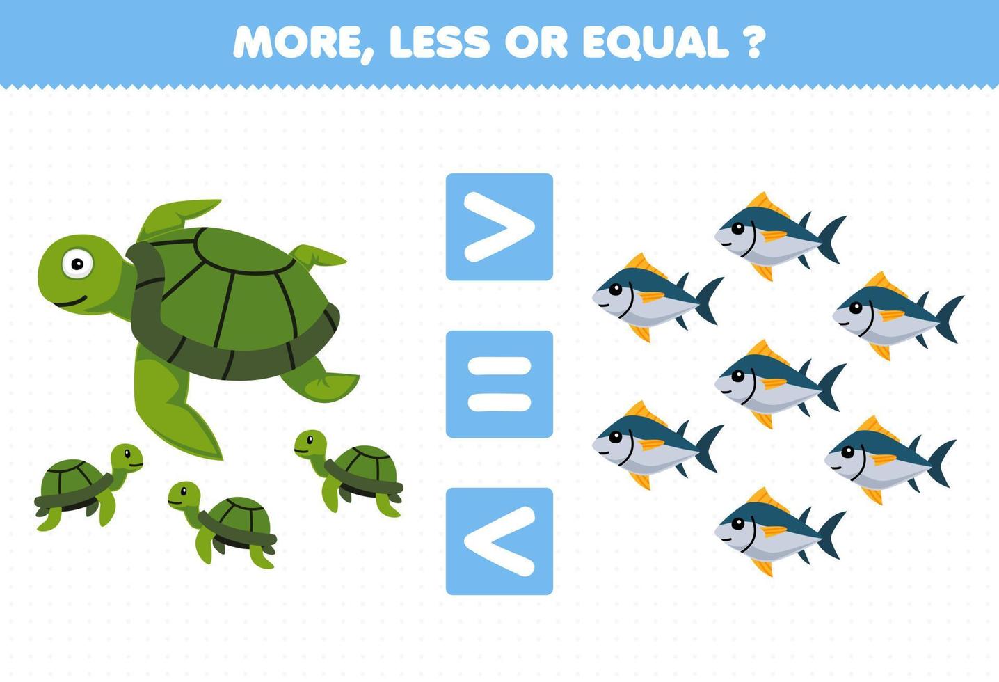 jogo educacional para crianças mais, menos ou igual, conte a quantidade de tartaruga de desenho animado e planilha subaquática imprimível vetor