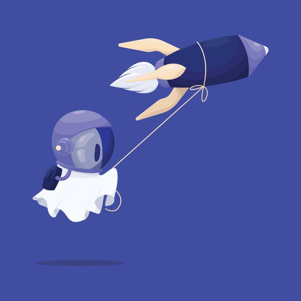 personagem de astronauta fantasma com ilustração de foguete vetor