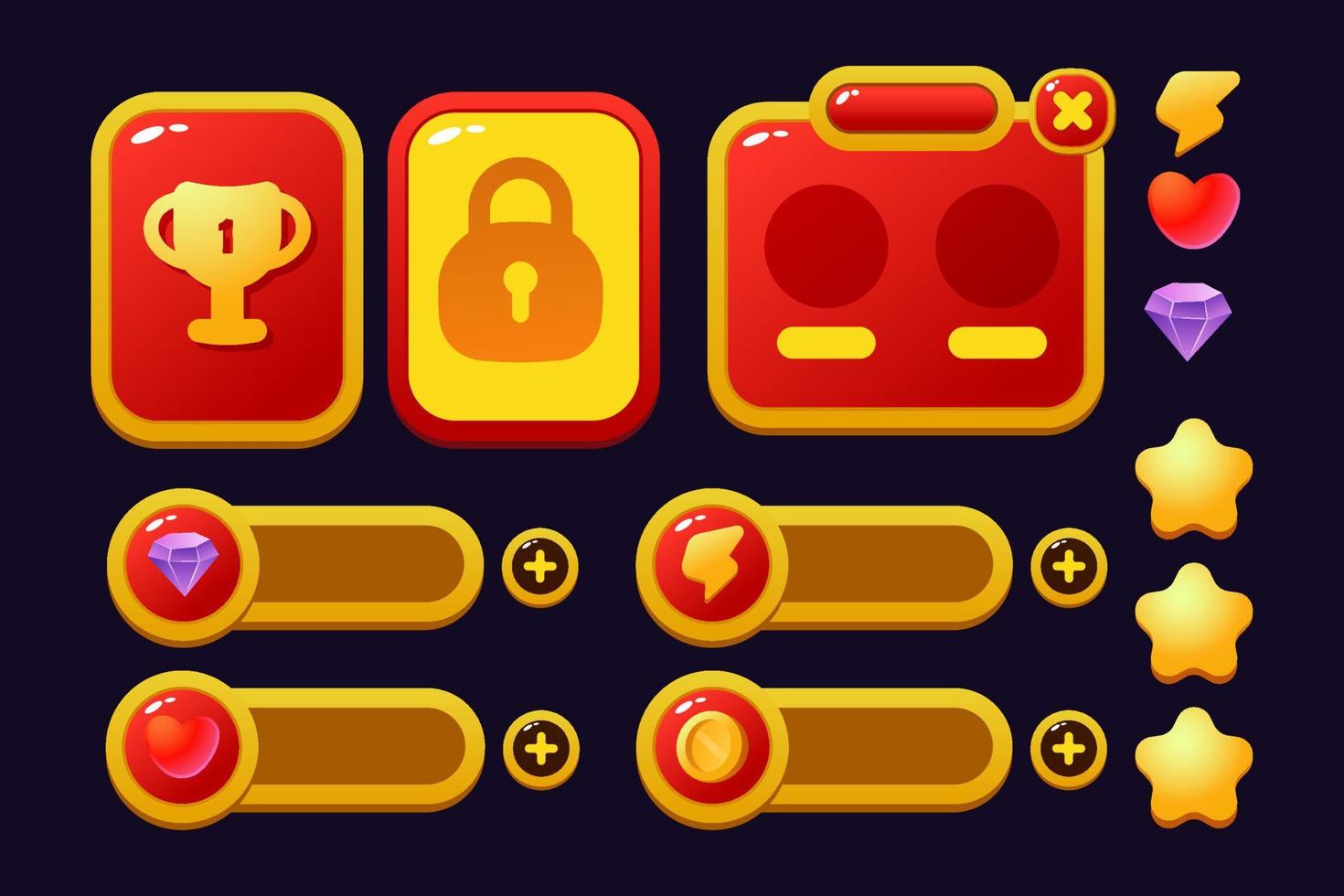 conjunto de telas pop-up de botões de menu de recursos do jogo e botões de configurações vermelho e amarelo vetor