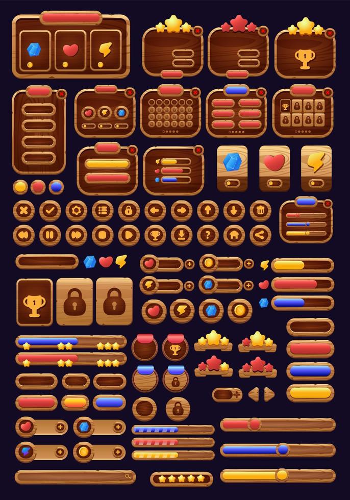 botões de jogo de elementos de interface de menu de desenho animado de textura de madeira e ouro vetor