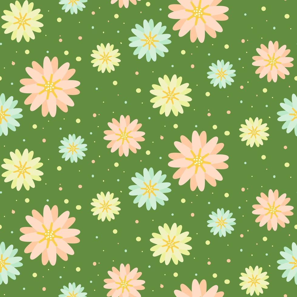 uma imagem de um campo de flor de margarida em um fundo verde vector. bonito padrão floral. embalagem de presente. impressão em papel e têxteis. vetor