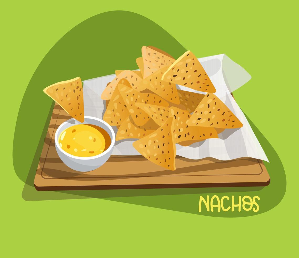 ilustração de nachos de comida mexicana em uma bandeja com um guardanapo e molho de queijo sobre um fundo verde. ilustração de cozinha brilhante. adequado para impressão em banners e folhetos, menus de restaurante vetor