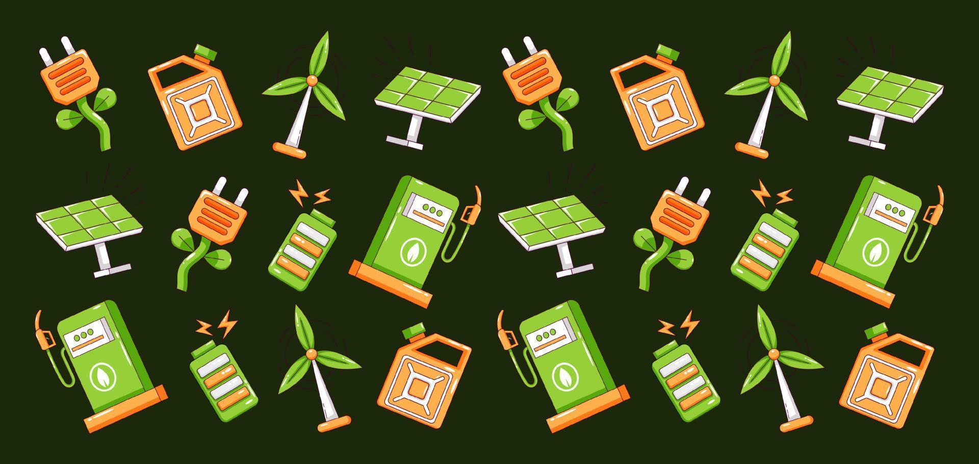 energia verde. painel solar, turbina eólica, bateria e padrão de ícone de gasolina vetor