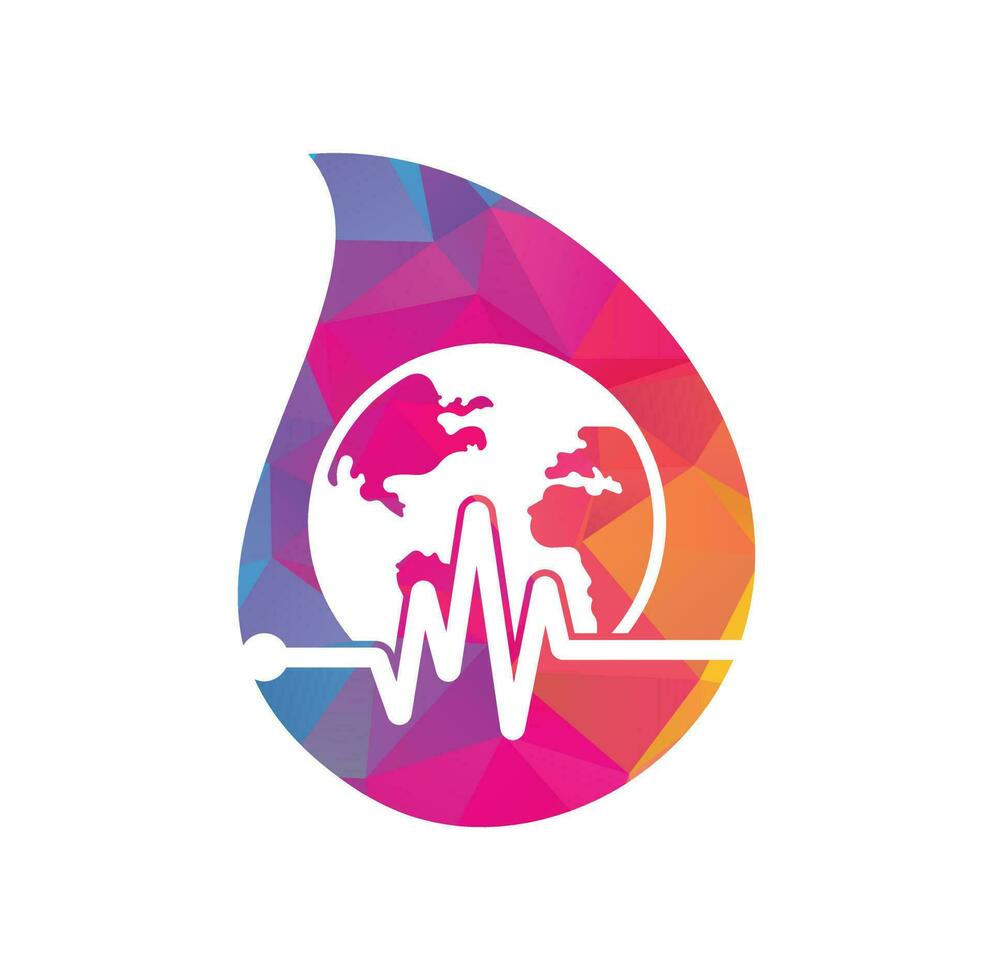 ícone de design de logotipo de vetor de conceito de forma de gota de globo de pulso. ícone do globo terrestre com batimento cardíaco.