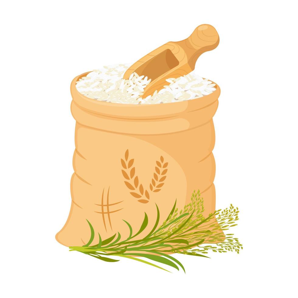 saco de arroz com espátula. colheita de grãos em pacote aberto. ilustração em vetor de elemento de design de embalagem basmati