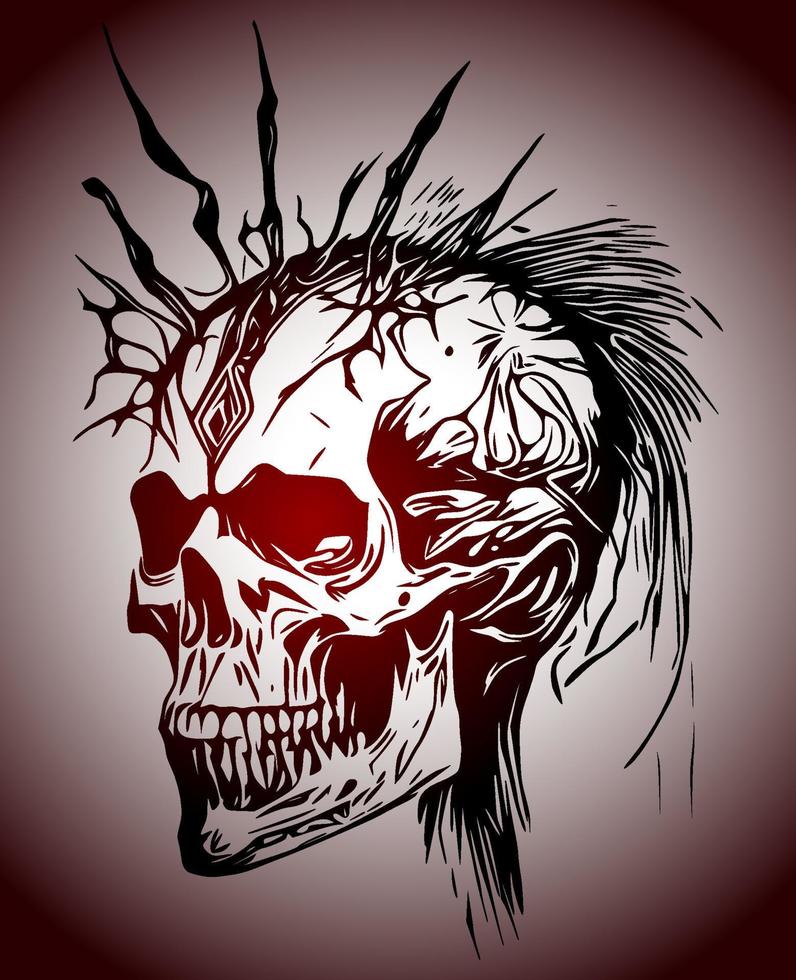 rosto de caveira psicodélico, vista frontal e vista lateral. desenho de tinta preta e vermelha. ilustração vetorial vetor