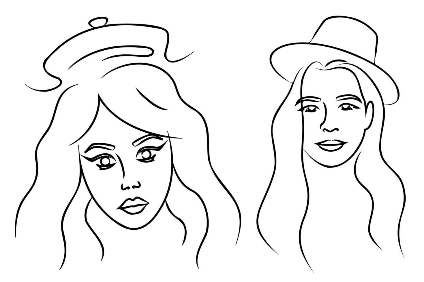 ilustrações de garotas de arte de linha. menina com desenho de contorno de chapéu. vetor