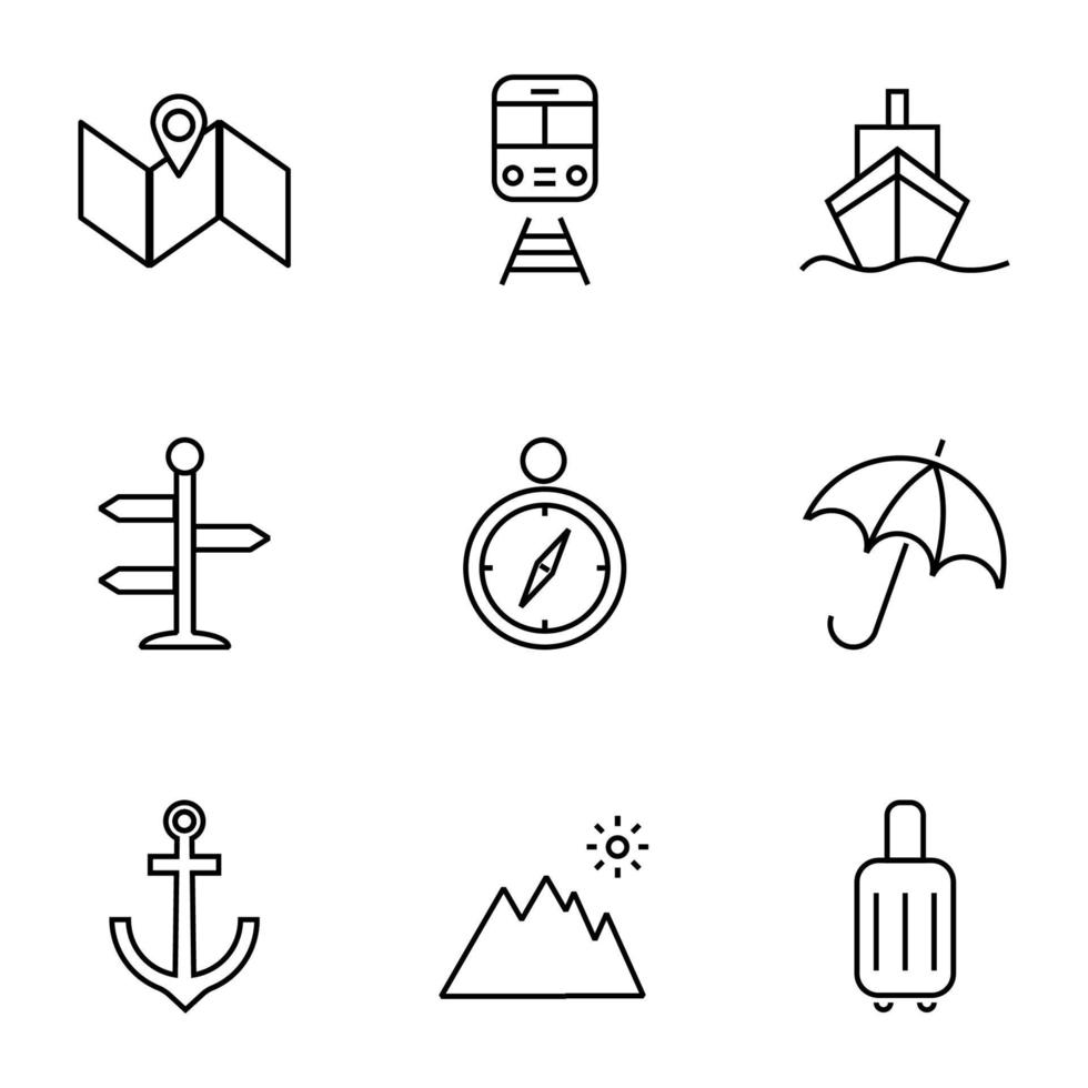 coleção de nove ícones de linha de alfinetes no mapa, trem, navio, ponto de direção, bússola, guarda-chuva, âncora, montanha, mala para lojas, lojas, anúncios, aplicativos, interface do usuário. traços editáveis minimalistas vetor