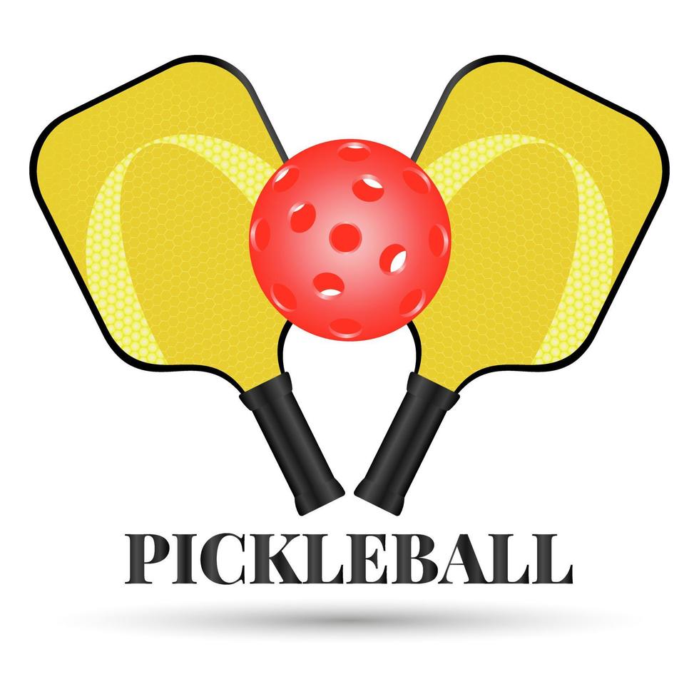 emblema de pickleball. duas raquetes cruzadas e uma bola de pickleball. esportes ativos para toda a família. equipamentos esportivos de pickleball. logotipo para clube esportivo. ilustração vetorial em fundo branco vetor