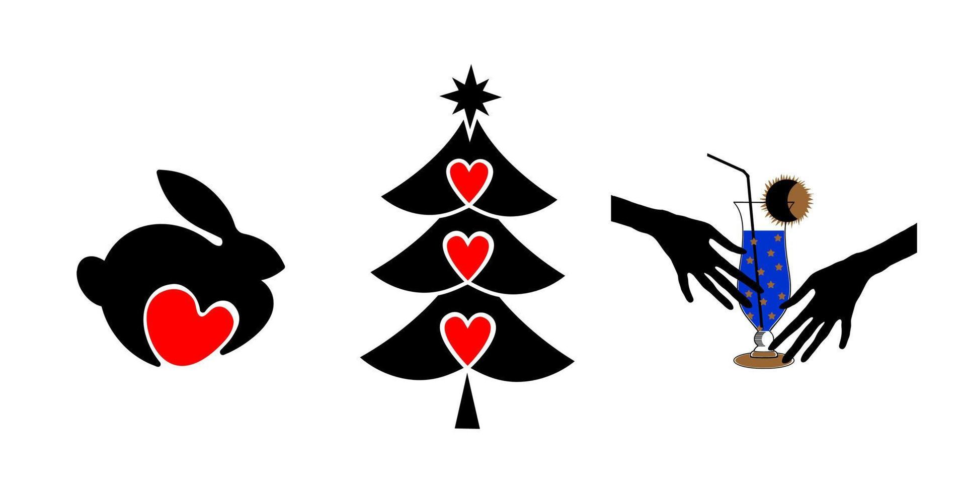 definido para um cartão de ano novo. árvore de natal, coelho preto e mãos com um copo. vetor