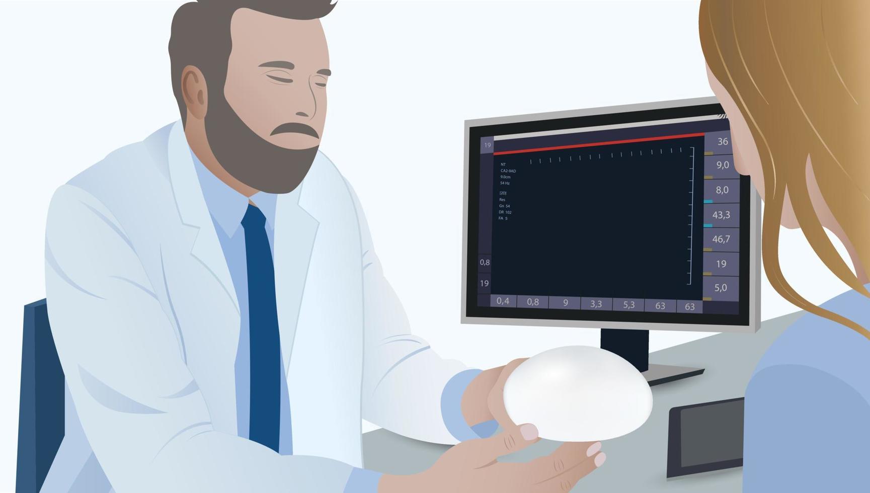 médico mostrando implantes de aumento de mama de silicone de escolha para uma paciente do sexo feminino na clínica. cirurgia plástica vetor