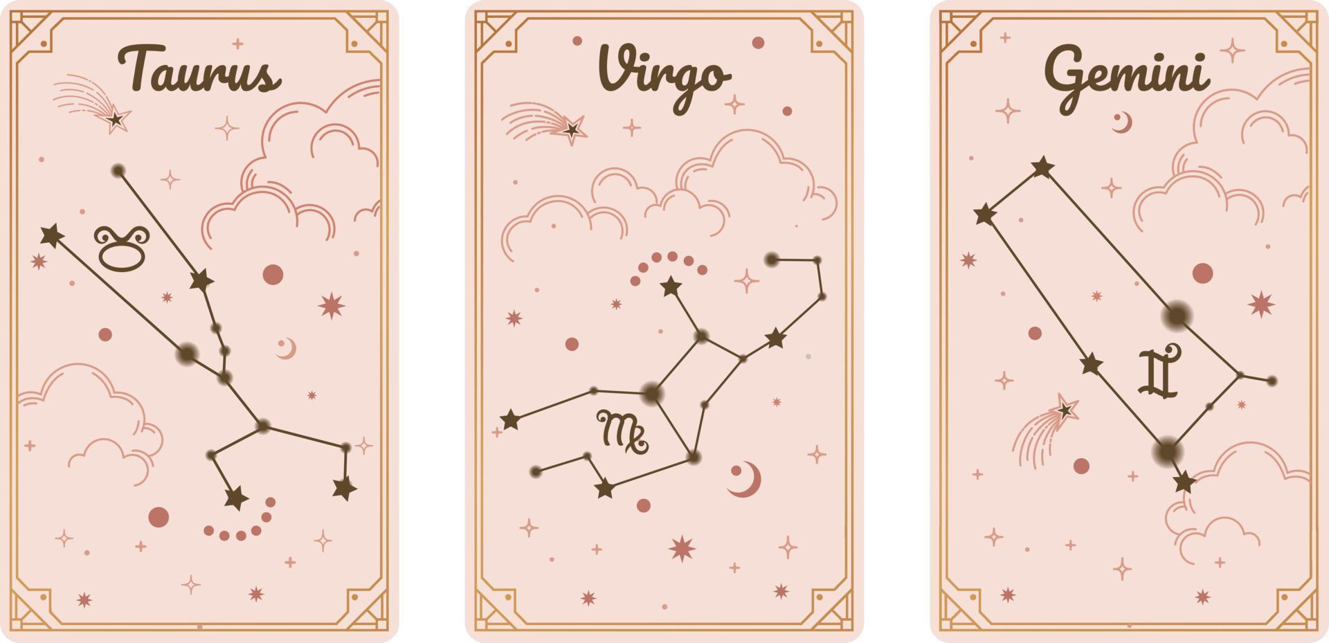 Os símbolos do zodíaco touro virgem e gêmeos cercam nuvens, estrelas, luxo, esotéricos e estilos boho. apto para paranormais, leitores de tarô e astrólogos vetor