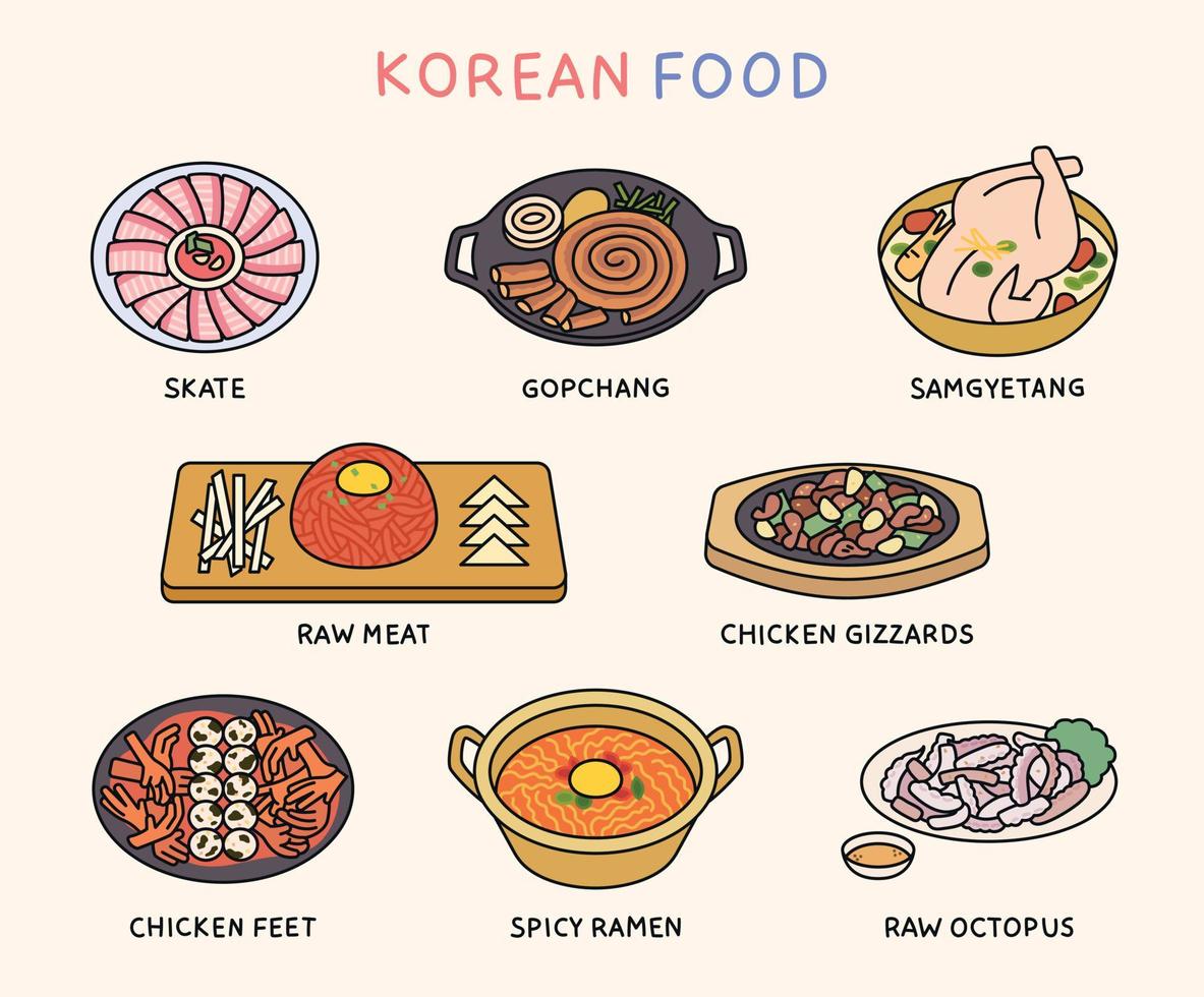 comida coreana com gostos e desgostos. skate, miúdos, samgyetang, carne crua, casa de areia de frango, pés de galinha, ramen picante, polvo. vetor