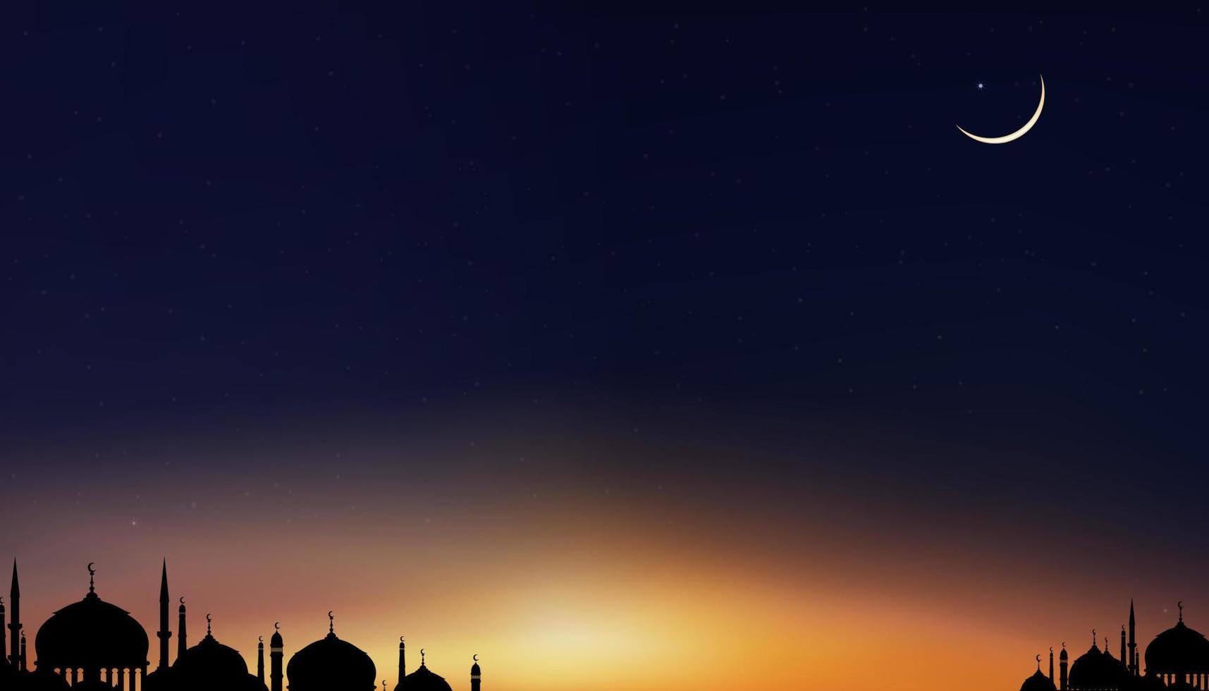 fundo islâmico, design ramadan kareem com mesquitas de cúpula de silhueta, lua crescente no céu do pôr do sol, vetor noite de ramadhan com céu crepuscular ao entardecer para religião islâmica, eid al-adha, eid mubarak, eid al fitr
