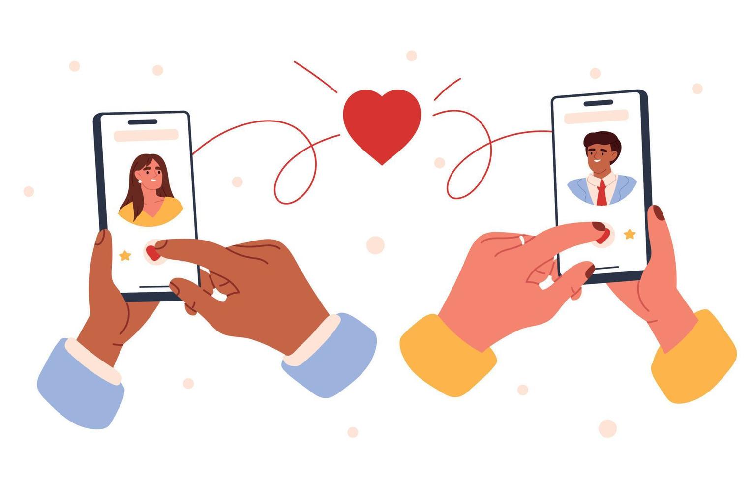 casal apaixonado segurando telefones na mão. aplicativo de namoro com homem e mulher na ilustração vetorial screen.flat vetor