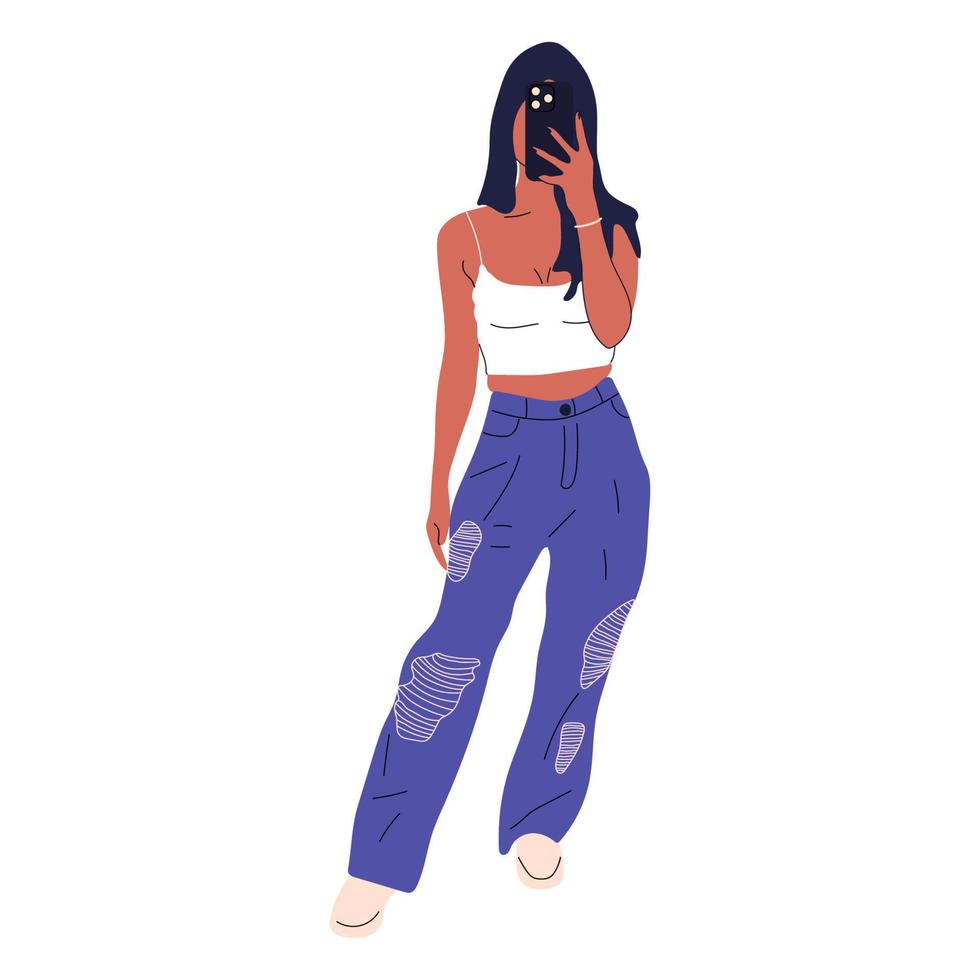 mulher jovem e bonita em uma moda jeans e camiseta tira-se em um smartphone. esboço desenhado à mão. ilustração vetorial. vetor