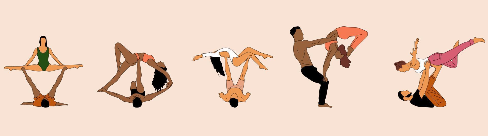 conjunto de pessoas casal fazendo ilustração de ioga. asanas de ioga para casal yoga.esboço desenhado à mão vetor