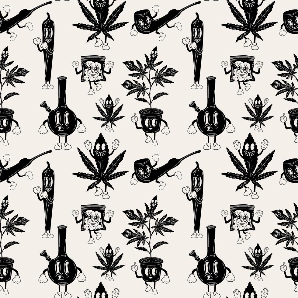 padrão perfeito com conjunto de mascote de desenho animado de adesivos. cannabis medicinal, erva daninha, bong, frasco de vidro, saco plástico, cigarro de cannabis, conceito de personagem de maconha vetor