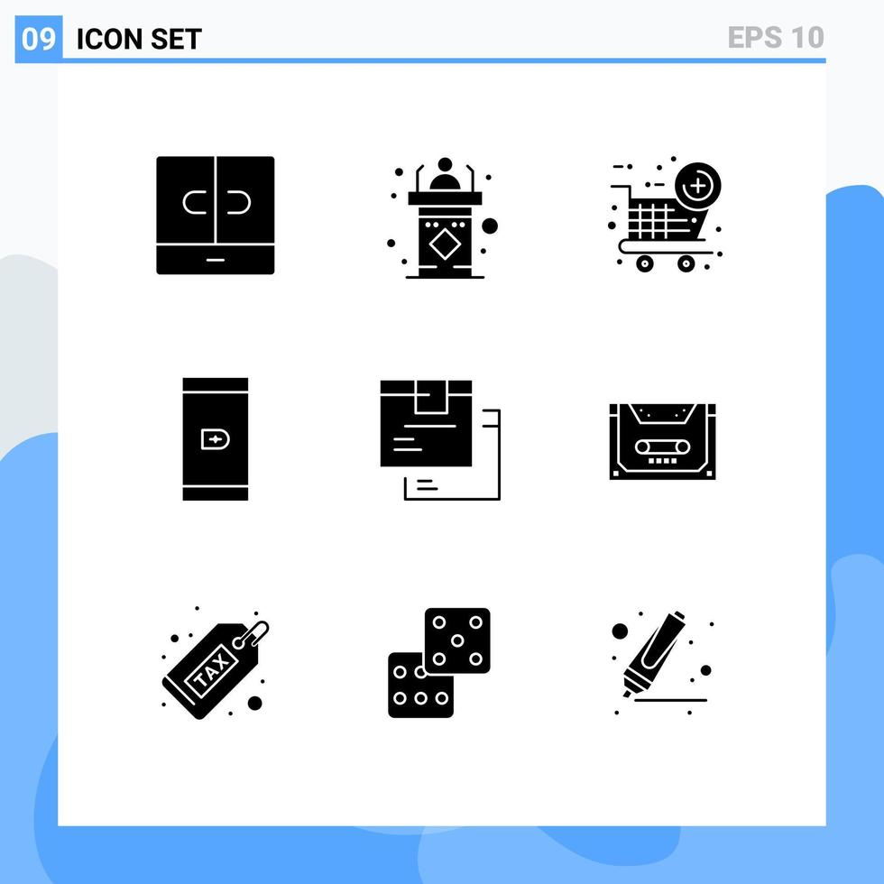 9 conceito de glifo sólido para sites móveis e aplicativos, caixa de mercadorias, fala, smartphone, sem dinheiro, elementos de design de vetores editáveis