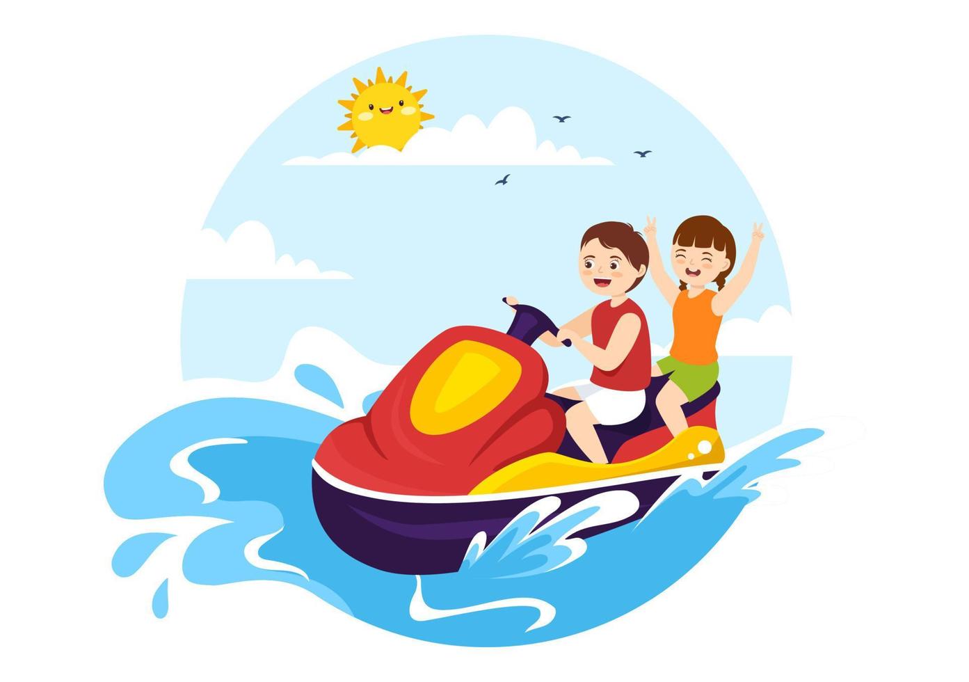 crianças montam ilustração de jet ski recreação de férias de verão, esportes aquáticos extremos e atividade de praia de resort em modelo de desenho animado plano desenhado à mão vetor