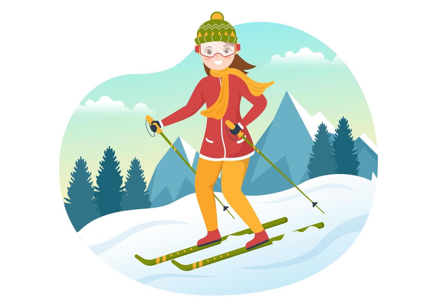 ilustração de esqui com esquiadores deslizando perto da montanha descendo na estância de esqui em atividades planas de esportes de inverno modelos desenhados à mão vetor