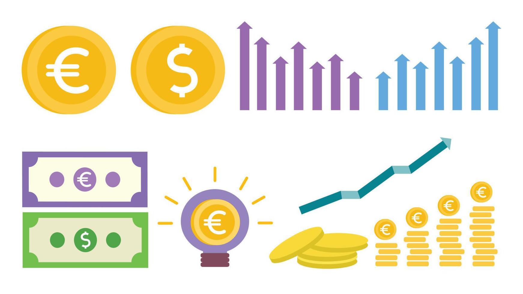 ilustração de ícone de negócios com moeda de ouro, gráfico, notas e pilha de dinheiro vetor