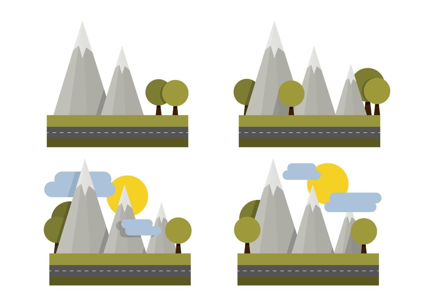 conjunto de montanhas geométricas simples, árvores, nuvens e sol vetor