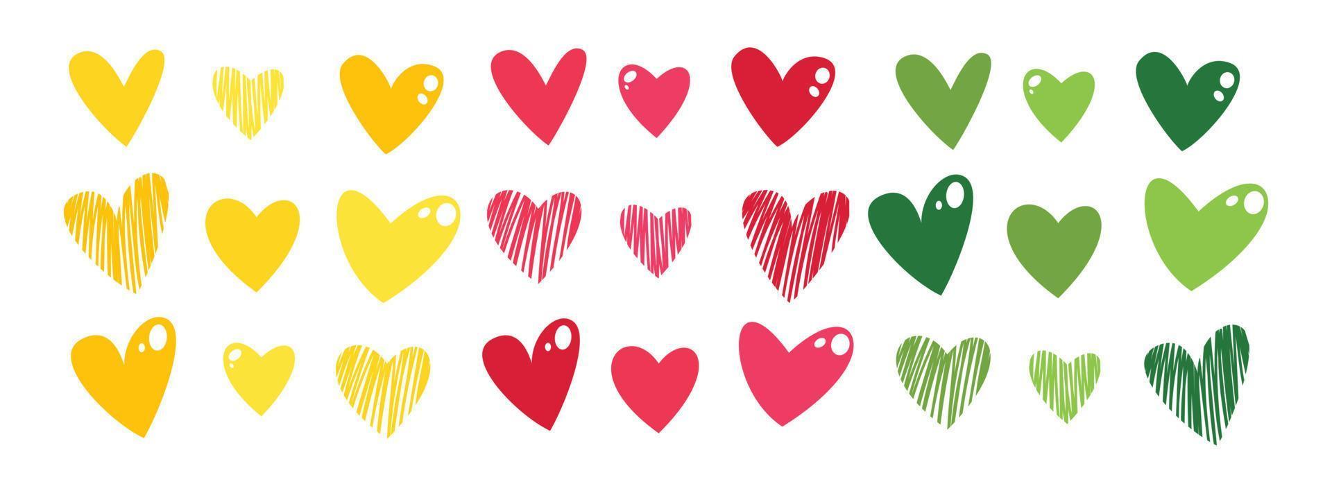 coleção de corações bonitos desenhados à mão. corações de cor. elementos de design de forma de coração prontos para cartões de felicitações, banners, boletins informativos. pode ser usado para modelagem e impressão. vetor