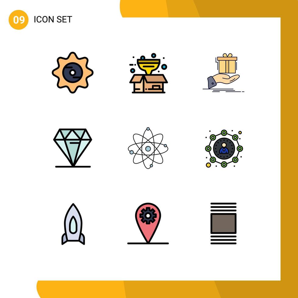 conjunto de cores planas de linha preenchida de interface móvel de 9 pictogramas de elementos de design de vetores editáveis de joias de presente rico em átomos