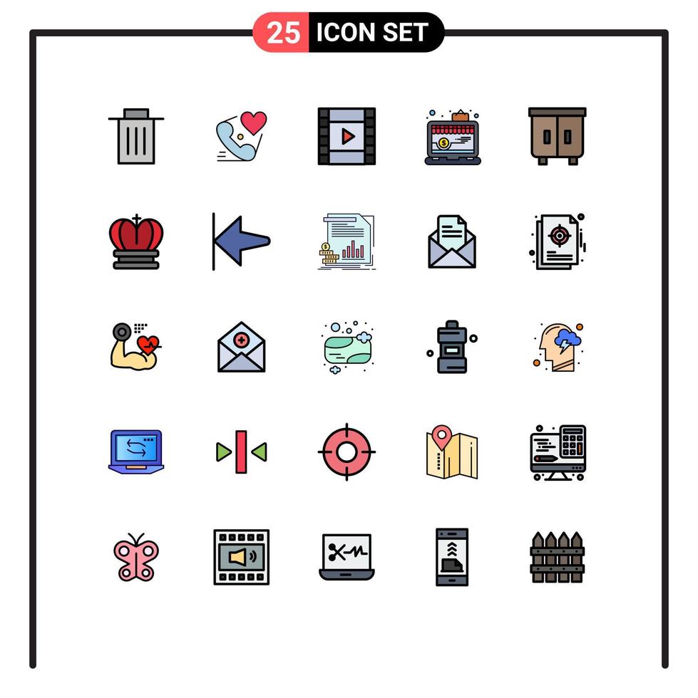 conjunto de pictogramas de 25 cores planas de linha preenchida simples de gaveta para laptop loja de namorados app elementos de design de vetores editáveis