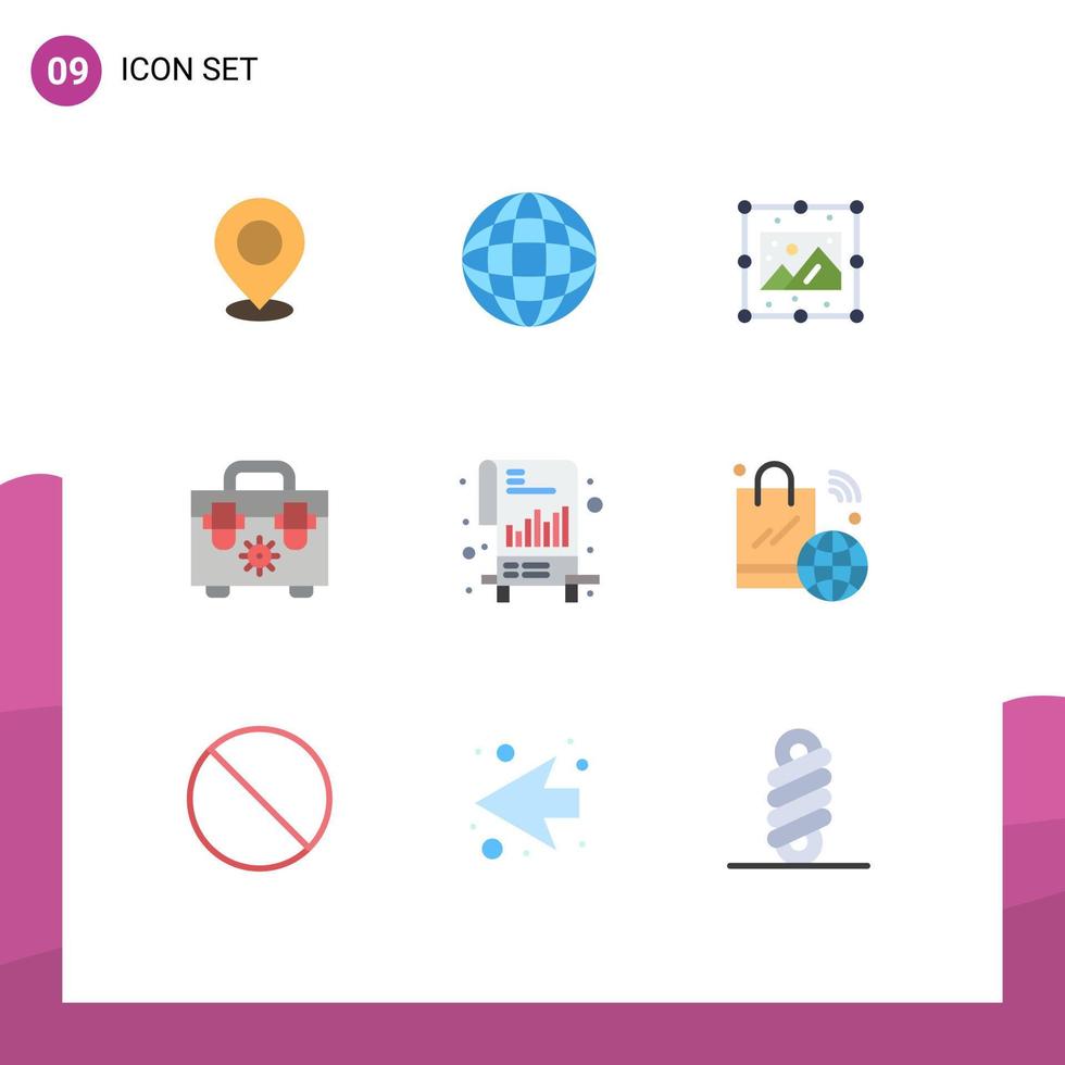 Conceito de 9 cores planas para sites móveis e ferramentas de aplicativos saco de processo de imagem do globo elementos de design vetorial editáveis vetor