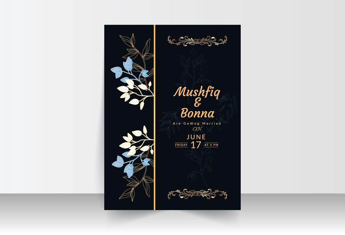 cartão de casamento de fundo preto com arte de flores azuis, douradas e brancas vetor