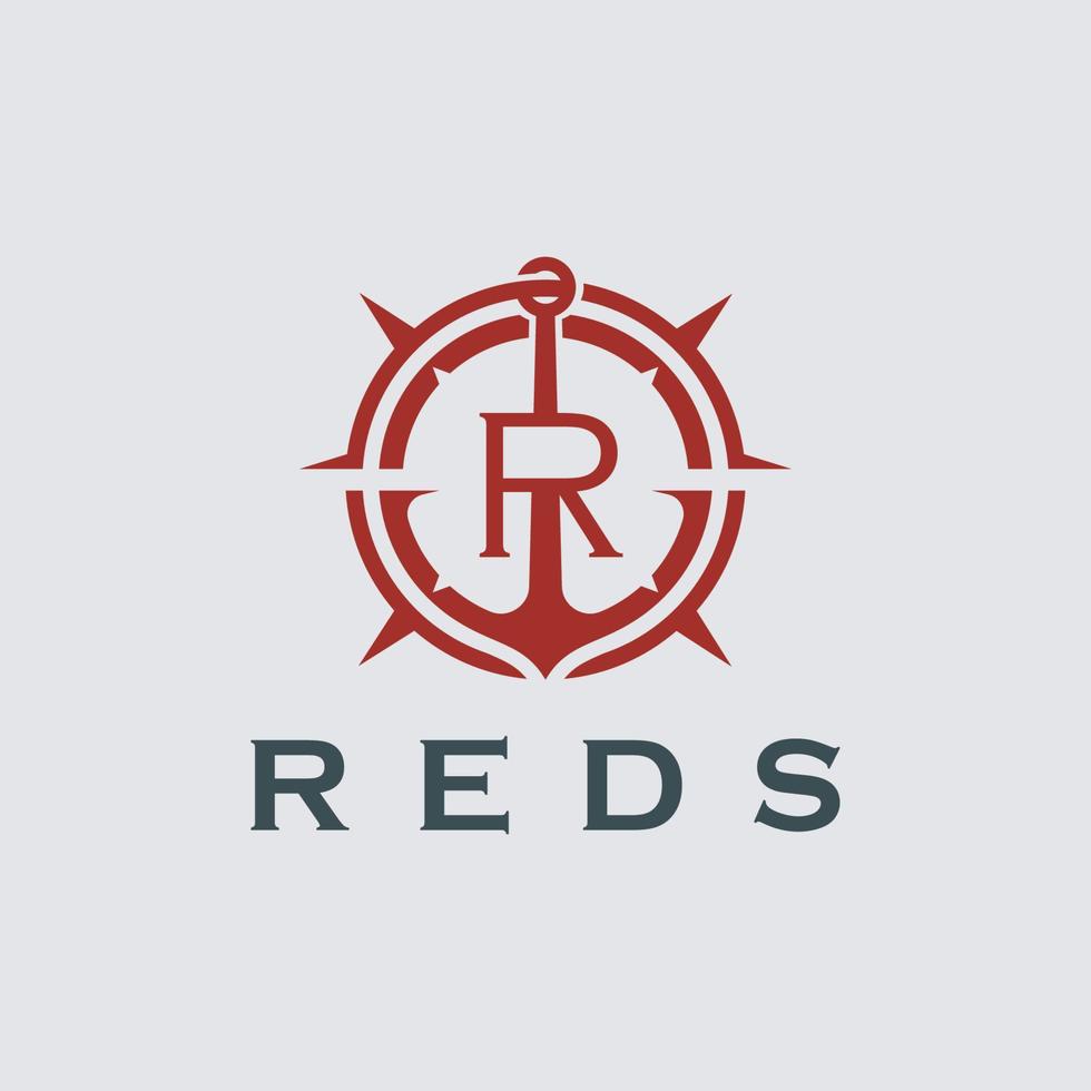 logotipo da âncora com o conceito de letra r. letra r inicial com âncora. fuzileiro naval, logotipo do barco à vela. vetor