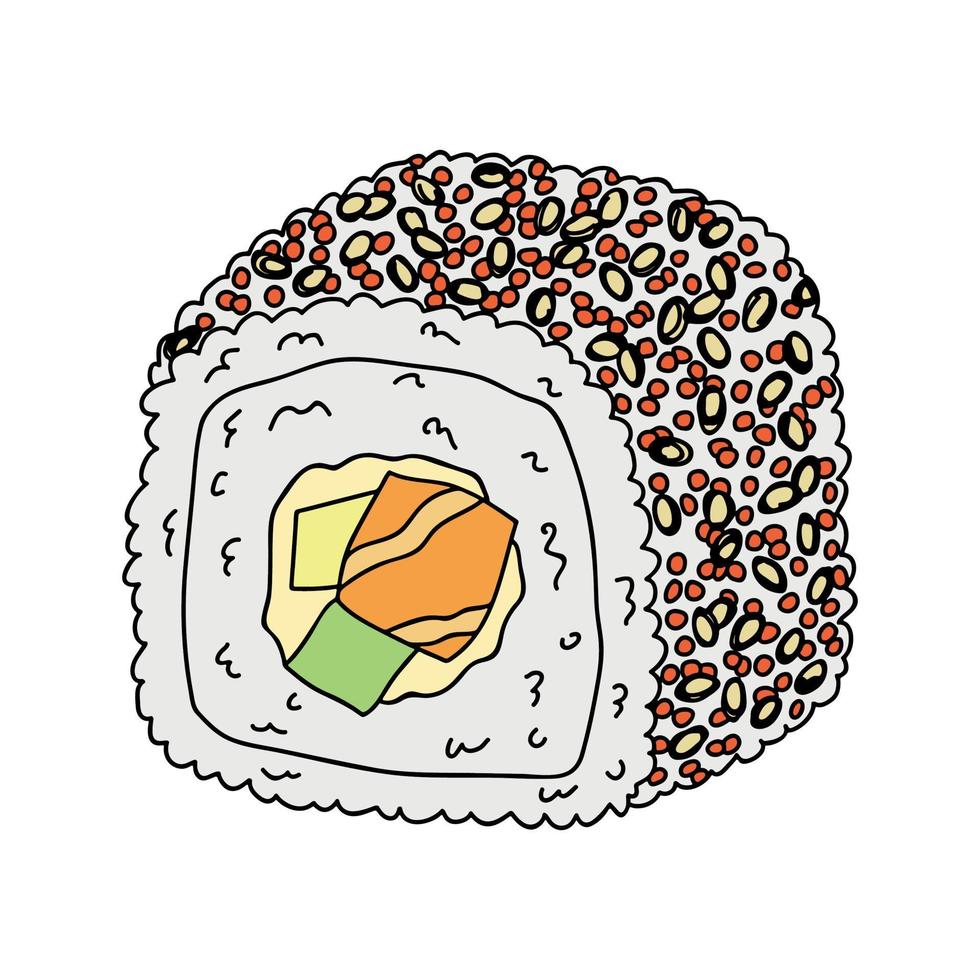 clipart de rolo de sushi desenhado à mão. pratos da cozinha tradicional japonesa. comida asiática vetor