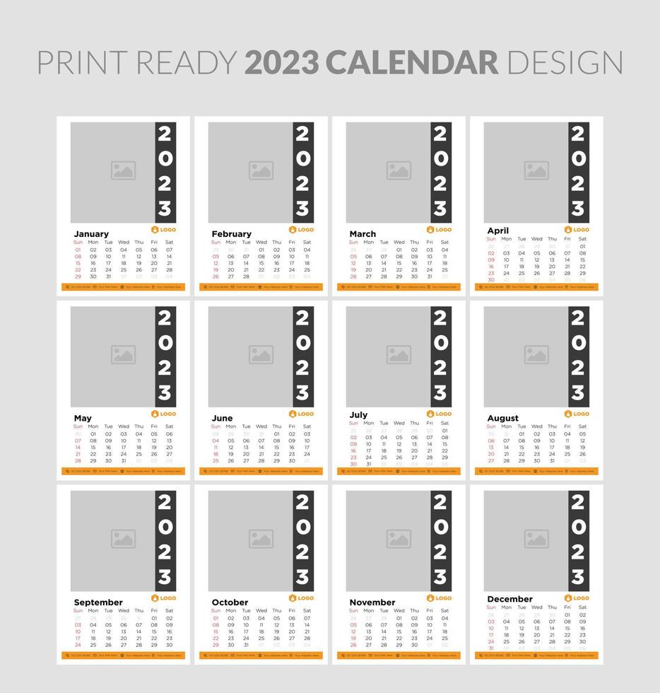 modelo de design de calendário de parede horizontal mensal 2023. semana começa no domingo. conjunto de 12 meses. vetor