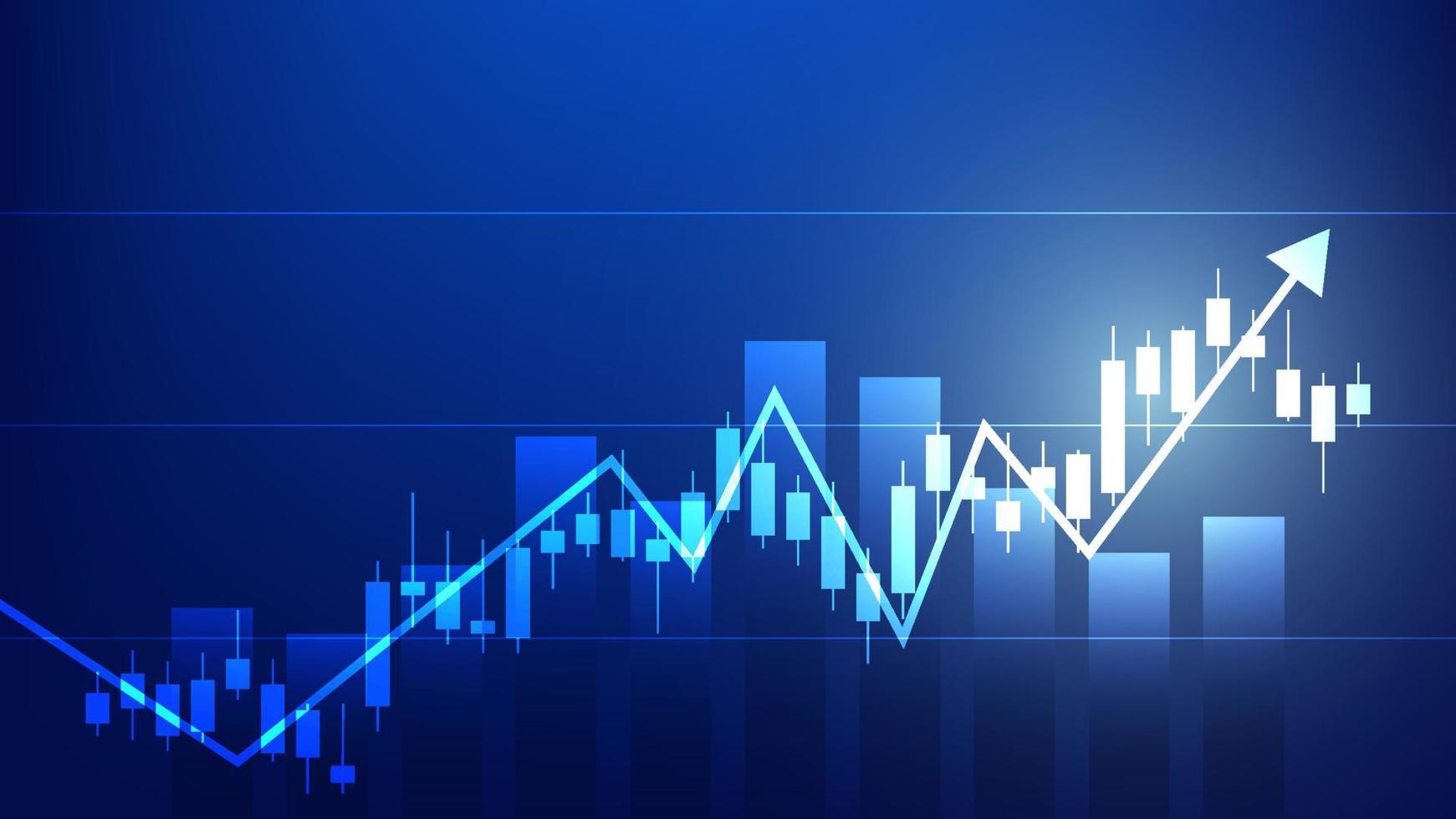 estatísticas de negócios financeiros com gráfico de barras e gráfico de velas mostram o preço do mercado de ações e ganhos efetivos em fundo azul vetor