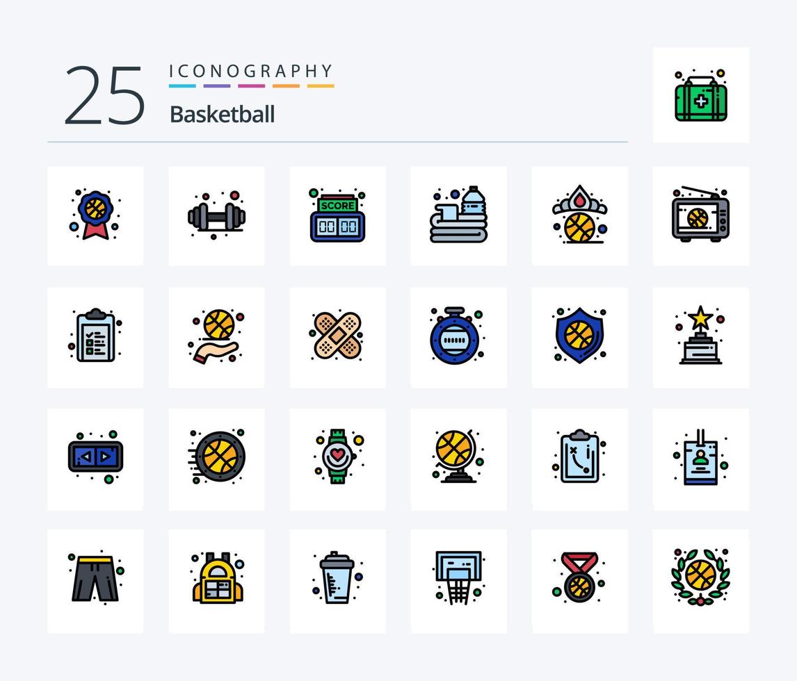 pacote de ícones cheios de 25 linhas de basquete, incluindo vencedor. diadema. pontuação. coroa. jogos vetor