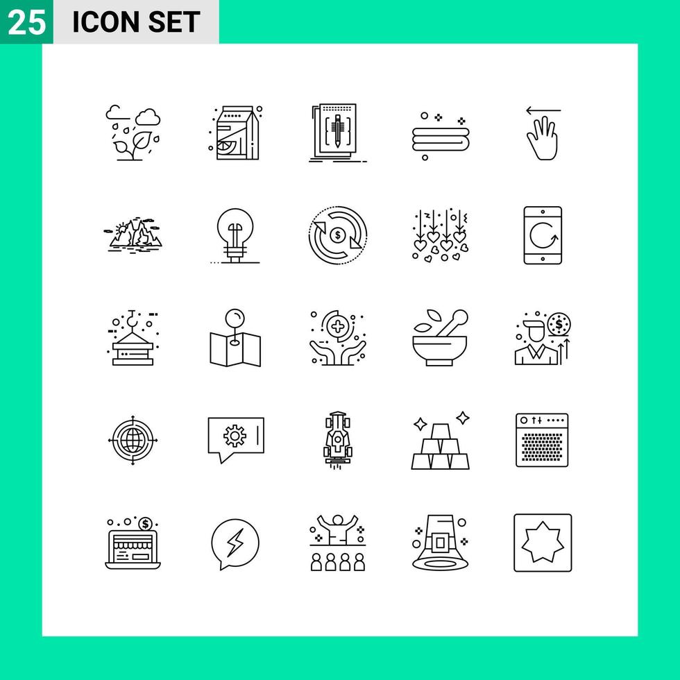 conjunto moderno de 25 linhas e símbolos, como código de toalha de cursor de mão, programa de limpeza, elementos de design de vetores editáveis
