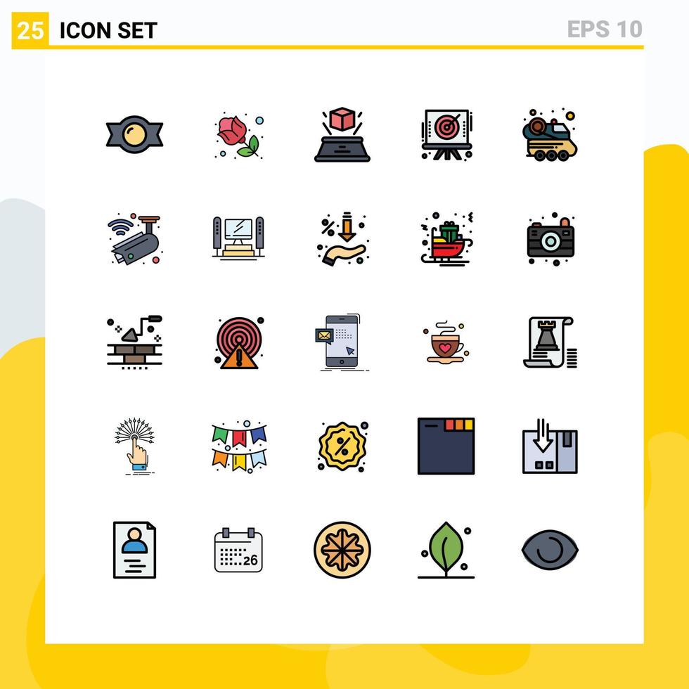 25 cores planas de linha preenchida universal definidas para aplicações web e móveis carro espacial holograma automóvel placa-alvo elementos de design de vetores editáveis